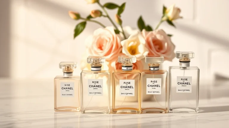 chanel ladies fragrances - Elegant Chanel fragrance bottles arranged on marble surface with soft golden lig