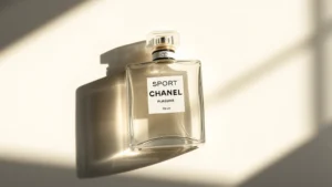 chanel sport cologne - Overhead shot of Chanel Sport cologne bottle with morning light casting shadows,