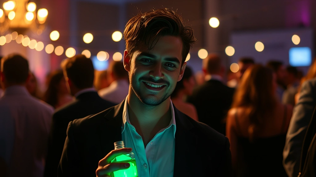 chaos fragrance - 
Person wearing chaos fragrance at evening event, confident expression, atmosphe