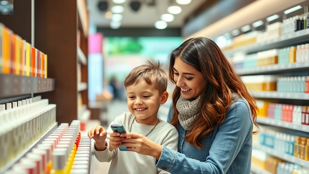 children's fragrance - 
Parent and child together examining fragrance options in a store, smiling and e