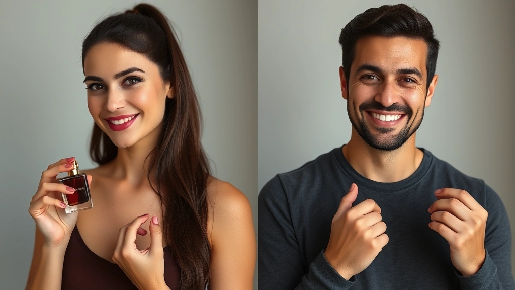 choco musk cologne - 
Split-screen comparison: left side shows a woman applying choco musk cologne to