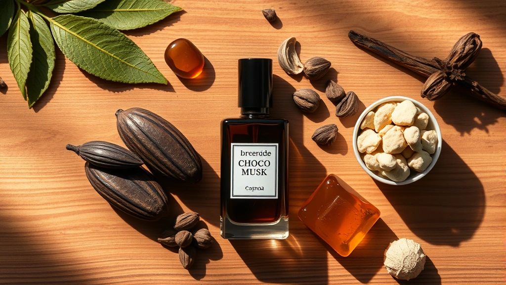 choco musk cologne - 
Flat lay of choco musk cologne bottle surrounded by cocoa pods, vanilla pods, a