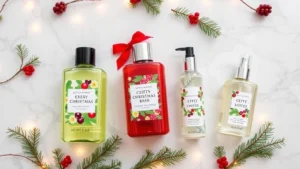 christmas fragrances bath and body works - Flat lay of Bath and Body Works Christmas fragrance collection showing body wash
