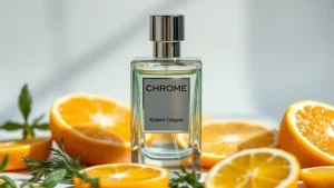 chrome men's cologne - Close-up of Chrome cologne bottle with citrus fruits and fresh herbs scattered a