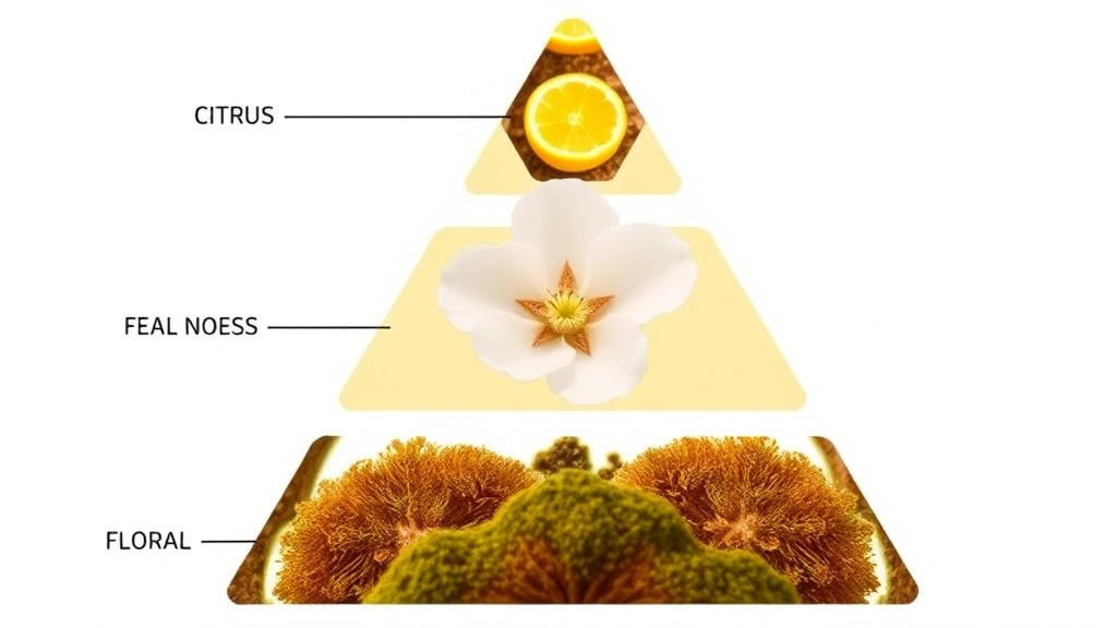 chypre fragrance - 
Close-up of fragrance pyramid showing citrus top notes, floral heart, and woody