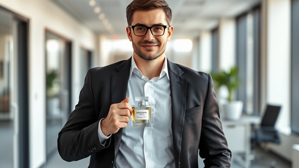 chypre fragrance - 
Professional wearing a chypre fragrance in a modern office setting, confident a