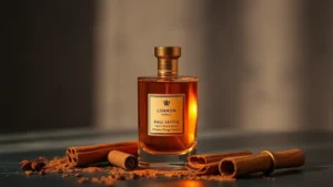 ciara fragrance - Luxury fragrance bottle with warm amber lighting, spice elements like cinnamon s