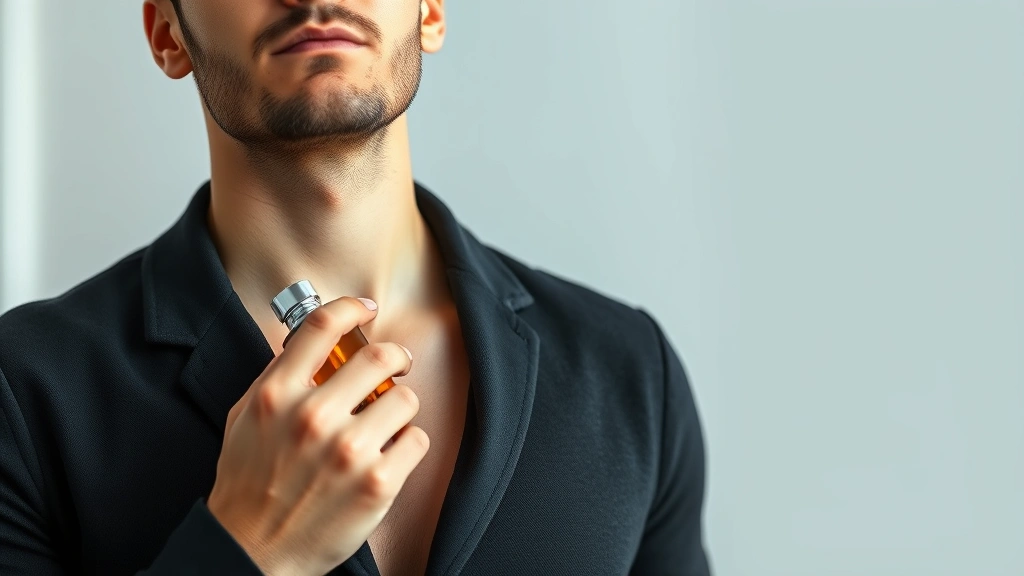 cigar cologne - 
Man applying fragrance to pulse point on neck, confident expression, modern gro