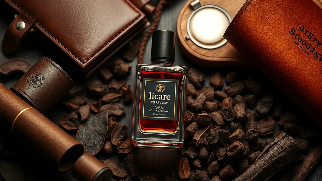 cigar cologne - 
Moody flatlay of cigar cologne surrounded by tobacco leaves, leather goods, and