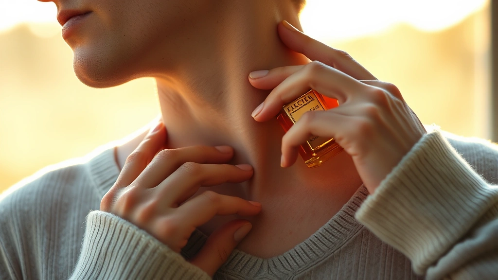 civet fragrance - 
Hands applying fragrance to neck pulse point, warm natural daylight, intimate l