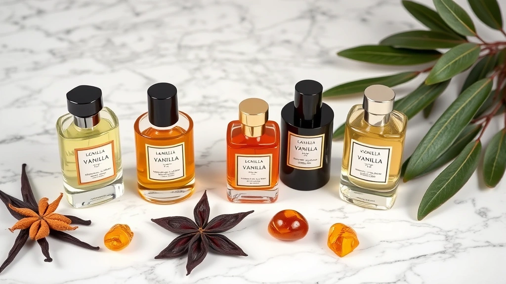 civet fragrance - 
Luxury fragrance bottles arranged on marble surface with civet-themed botanical