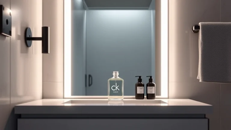ck cologne - Minimalist bathroom vanity with CK cologne bottle in cool lighting, showcasing p