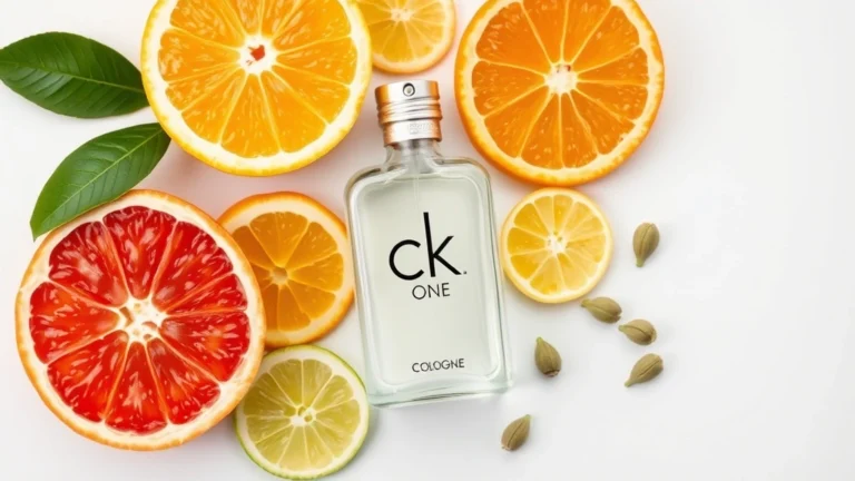 ck one cologne - Flat lay of CK One Cologne bottle with fresh citrus fruits, bergamot slices, and