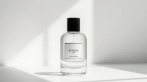 clean reserve fragrance - Minimalist fragrance bottle with clear glass and natural light streaming through