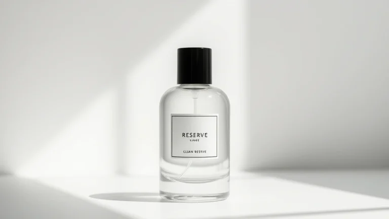 clean reserve fragrance - Minimalist fragrance bottle with clear glass and natural light streaming through