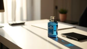 coach blue cologne - Coach Blue Cologne bottle on minimalist desk with morning sunlight streaming acr