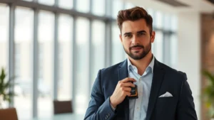 coach fragrance for men - Professional male wearing Coach fragrance in modern office setting, natural ligh