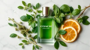 coach green cologne - Flat lay photography of Coach Green Cologne bottle with fresh green herbs, citru