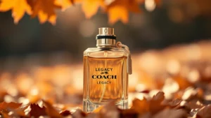 coach legacy fragrance - Close-up of Coach Legacy fragrance bottle against warm autumn background with fa