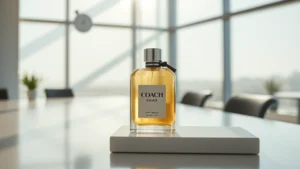 coach open road cologne - Coach Open Road cologne bottle on a minimalist white desk with morning sunlight
