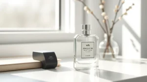 coach platinum cologne - Coach Platinum Cologne bottle on a minimalist white desk with morning sunlight s