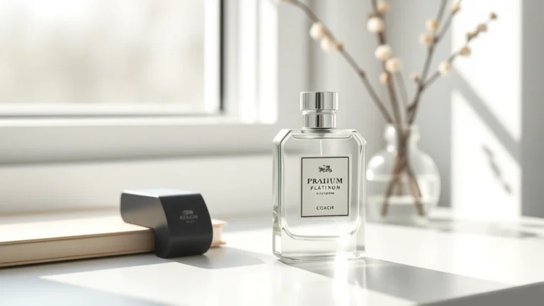 coach platinum cologne - Coach Platinum Cologne bottle on a minimalist white desk with morning sunlight s