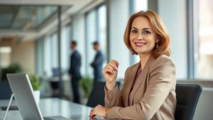 coach women's fragrance - Elegant woman wearing coach fragrance in an office setting, professional yet app