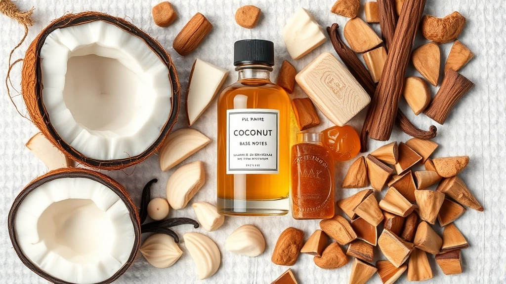 coconut fragrance perfume - 
Flat-lay arrangement of coconut fragrance bottle surrounded by coconut pieces, 