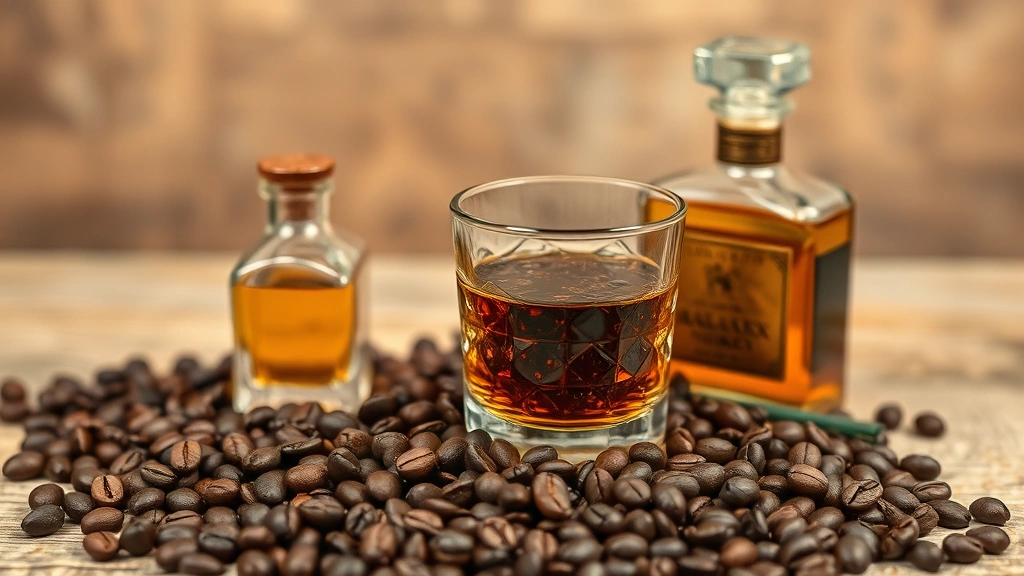 coffee and whiskey cologne - 
Coffee beans and whiskey glass arranged artfully with fragrance bottle, rustic 