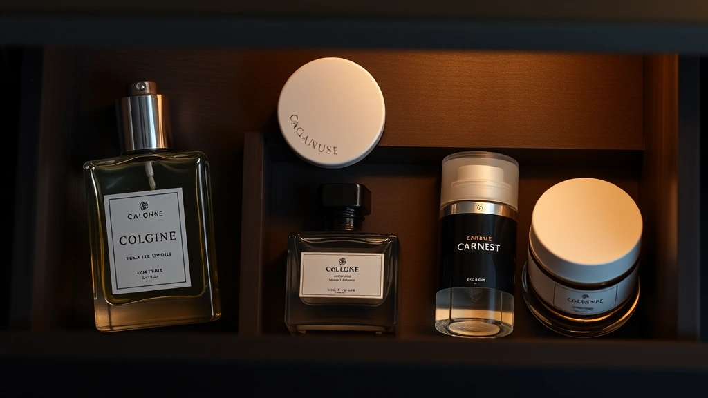 cologne body - 
Flatlay of cologne bottle, solid cologne, fragrance storage in dark drawer, and