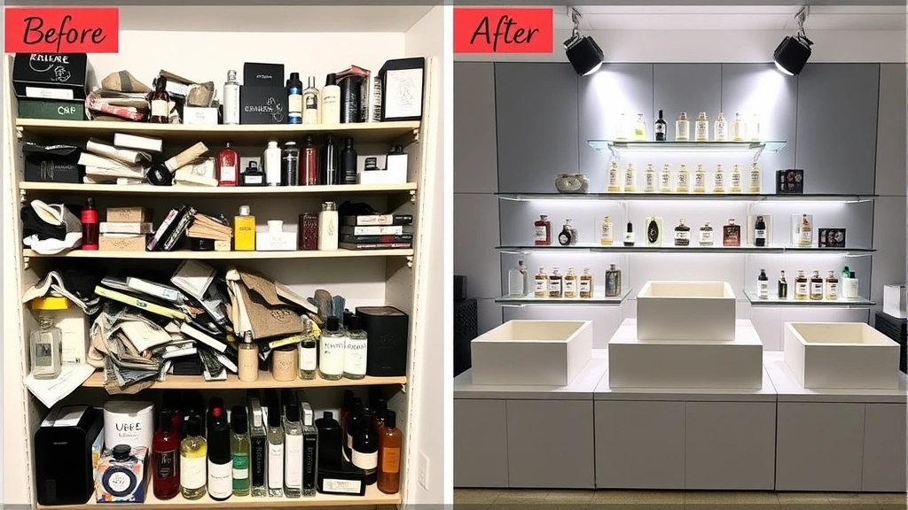 cologne display - 
Before and after comparison: messy cluttered cologne shelf versus organized tie