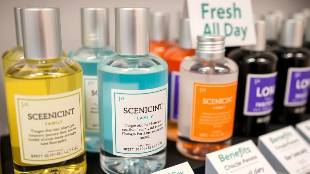 cologne display - 
Close-up of cologne display testers and samples with scent family labels and be