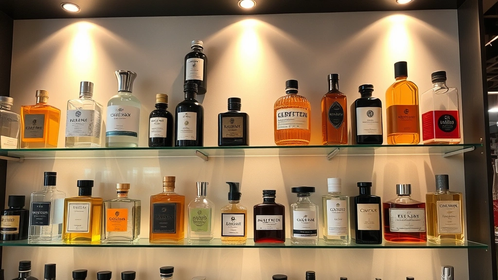 cologne display - 
Professional retail cologne display with vintage and modern bottles mixed, wall