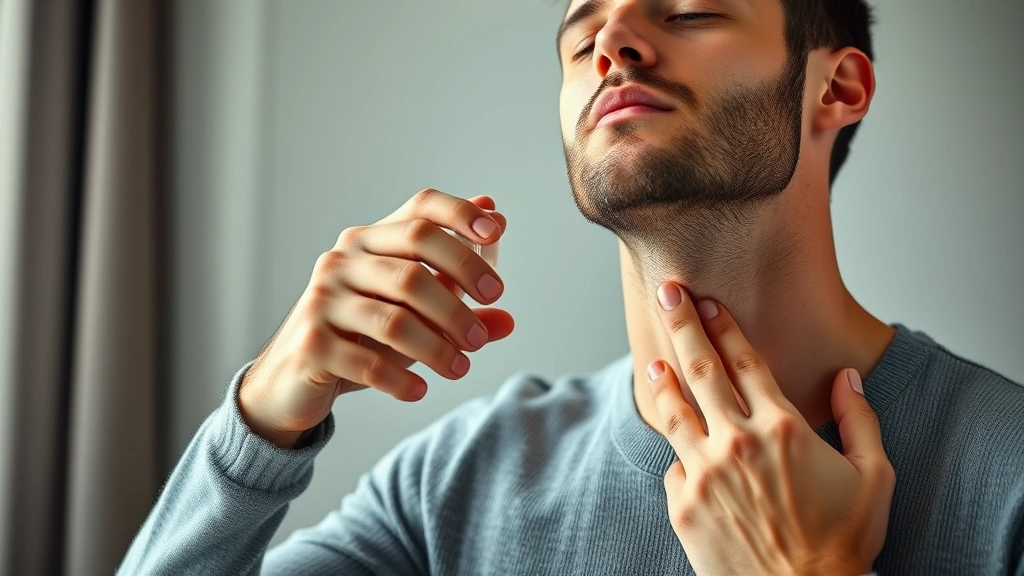 cologne levels - 
Man applying cologne to neck pulse point with confident expression, morning gro
