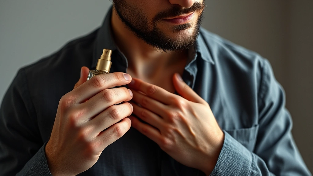 cologne oud - 
Man applying cologne oud to pulse points on neck and wrists, demonstrating prop