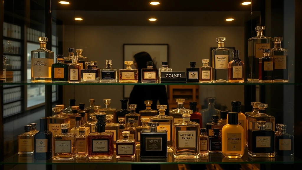 cologne storage - 
Dark glass display cabinet filled with cologne bottles protected from direct li