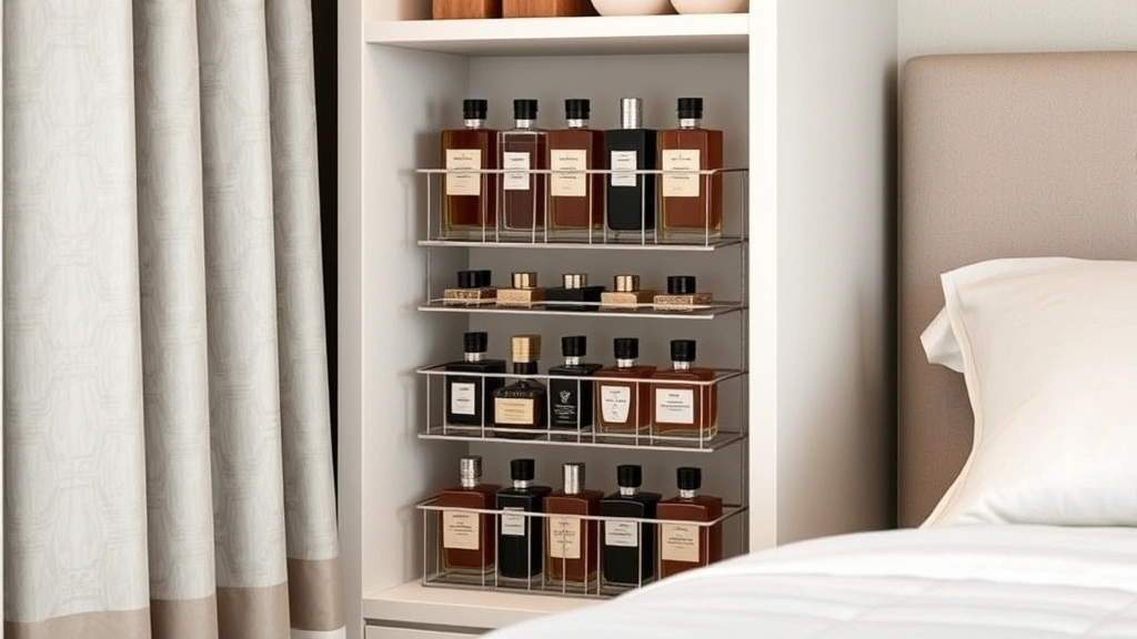 cologne storage - 
Tiered storage organizer in a bedroom closet with multiple cologne bottles stac