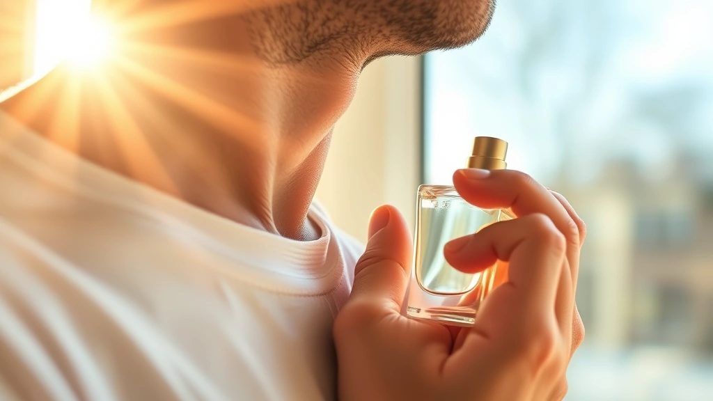 colognes for men - 
Close-up of man applying cologne to pulse point on neck with morning sunlight s