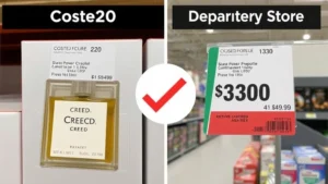 costco creed fragrance - Split-screen comparison showing Costco Creed fragrance bottle on left with price