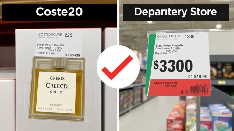 costco creed fragrance - Split-screen comparison showing Costco Creed fragrance bottle on left with price