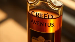 creed aventus fragrance - Close-up of Creed Aventus bottle with morning sunlight hitting it, showing the r