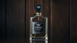 creed best fragrances - Luxury Creed fragrance bottle displayed against dark wooden background with soft