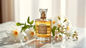 creed cologne for women - Creed fragrance bottle with gold accents on marble surface with fresh flowers in
