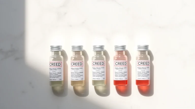 creed cologne samples - Flat lay of five Creed sample vials arranged in a line with sunlight creating sh