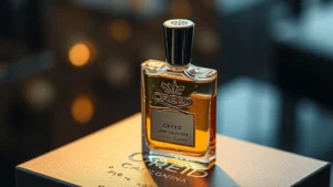 creed colognes - Luxury Creed cologne bottle with water droplets on premium packaging, soft studi