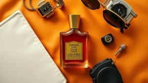 creed gold cologne - Overhead flat lay of Creed Gold Cologne bottle on warm amber and gold-toned back