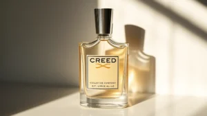 creed men's cologne - Close-up of a Creed fragrance bottle with morning light casting shadows, minimal