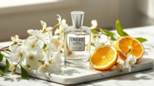 creed pure white cologne - Creed Pure White Cologne bottle displayed on marble surface with fresh white flo