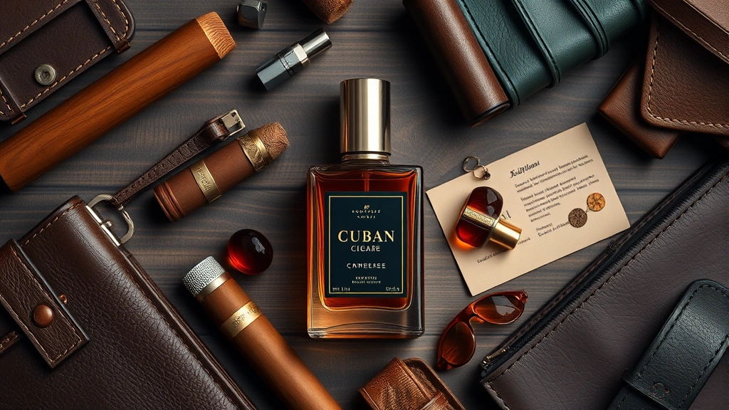 cuban cigar cologne - 
Flatlay of cuban cigar cologne bottle surrounded by cigars, leather goods, and 