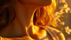 cupid fragrances - Close-up of a woman's neck and shoulder wearing cupid fragrance with soft golden